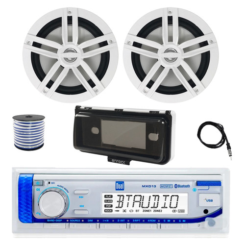 Dual MXD13 Single DIN Bluetooth Marine MP3 AM/FM Stereo Receiver with White Cover, 22" Radio Antenna, Wire, 2x 6.5" 180 Watt Peak Power 2-Way Boat Audio Speakers (White)
