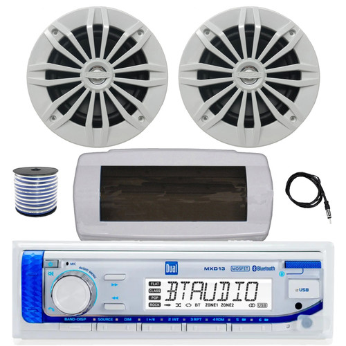 Dual MXD13 Single DIN Bluetooth Marine MP3 AM/FM Stereo Receiver with White Cover, 22" Radio Antenna, Wire, 2x 6.5" 180 Watt Max Power 2-Way Water Resistant Audio Speakers (White)