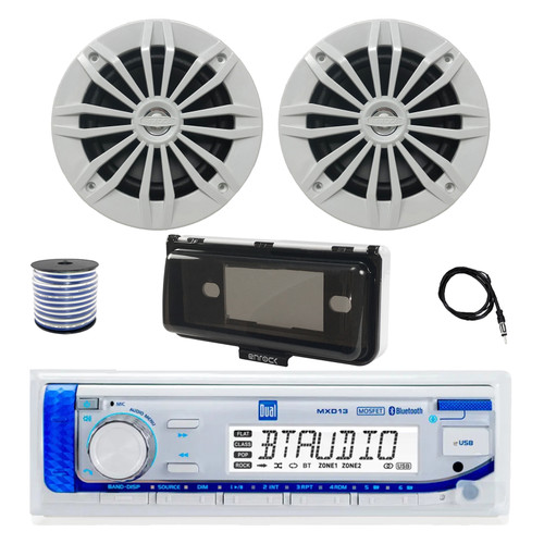 Dual MXD13 Single DIN Bluetooth Marine MP3 AM/FM Stereo Receiver with White Cover, 22" Radio Antenna, Wire, 2x 6.5" 180 Watt Max Power 2-Way Water Resistant Audio Speakers (White)