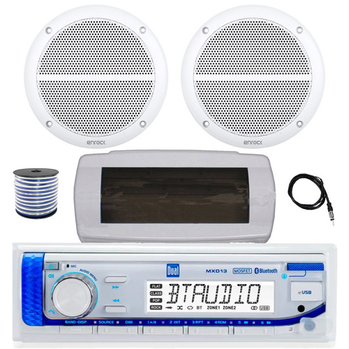 Dual MXD13 Single DIN Bluetooth Marine MP3 AM/FM Stereo Receiver with White Cover, 22" Radio Antenna, Wire, 2x 6.5" 90 Watt Peak Power 2-Way Full Range Audio Speakers (White)