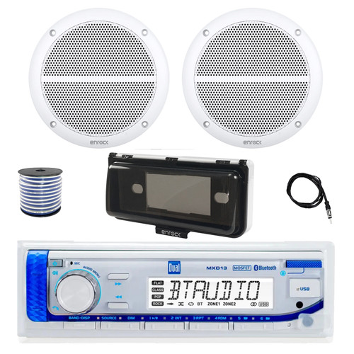 Dual MXD13 Single DIN Bluetooth Marine MP3 AM/FM Stereo Receiver with White Cover, 22" Radio Antenna, Wire, 2x 6.5" 90 Watt Peak Power 2-Way Full Range Audio Speakers (White)