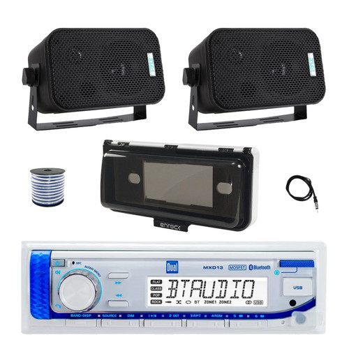 Dual MXD13 Single DIN Bluetooth Marine MP3 AM/FM Stereo Receiver with White Cover, 22" Radio Antenna, Wire, 2x 3.5" 300W Max Indoor/Outdoor Waterproof Wall Mount Speakers (Black)