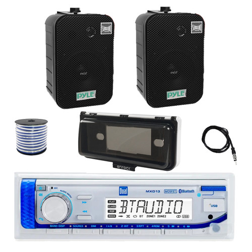 Dual MXD13 Single DIN Bluetooth Marine MP3 AM/FM Stereo Receiver with White Cover, 22" Radio Antenna, Wire, 2x 5.25" 400W Max Indoor/Outdoor Waterproof Audio Speakers (Black)