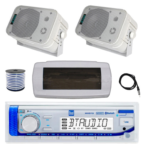 Dual MXD13 Single DIN Bluetooth Marine MP3 AM/FM Stereo Receiver with White Cover, 22" Radio Antenna, Wire, 2x 5.25" 400W Max Indoor/Outdoor Waterproof Audio Speakers (White)