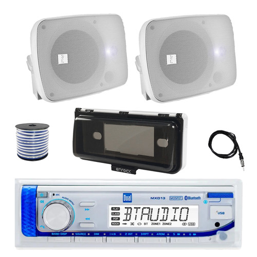 Dual MXD13 Single DIN Bluetooth Marine MP3 AM/FM Stereo Receiver with White Cover, 22" Radio Antenna, Wire, 2x 5.25" 600 Watt Max Power Bluetooth Indoor/Outdoor Waterproof Audio Speakers (White)