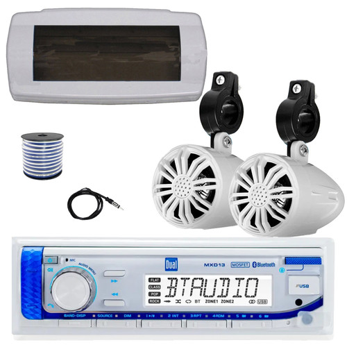 Dual MXD13 Single DIN Bluetooth Marine MP3 AM/FM Stereo Receiver with White Cover, 22" Radio Antenna, Wire, 2x 2.25" 10W Max Full Range Waterproof Off-Road Audio Speakers (White)