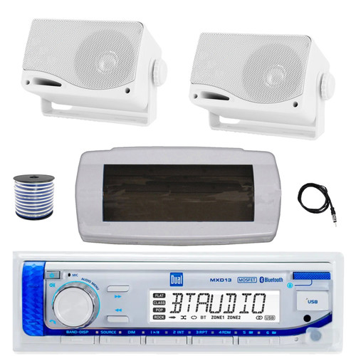 Dual MXD13 Single DIN Bluetooth Marine MP3 AM/FM Stereo Receiver with White Cover, 22" Radio Antenna, Wire, 2x 3.5'' 200 Watt Max 3-Way Indoor/Outdoor Wall Mount Speaker (White)