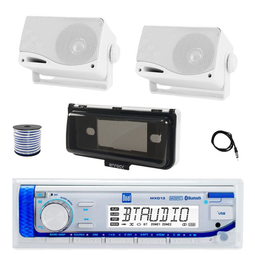 Dual MXD13 Single DIN Bluetooth Marine MP3 AM/FM Stereo Receiver with White Cover, 22" Radio Antenna, Wire, 2x 3.5'' 200 Watt Max 3-Way Indoor/Outdoor Wall Mount Speaker (White)