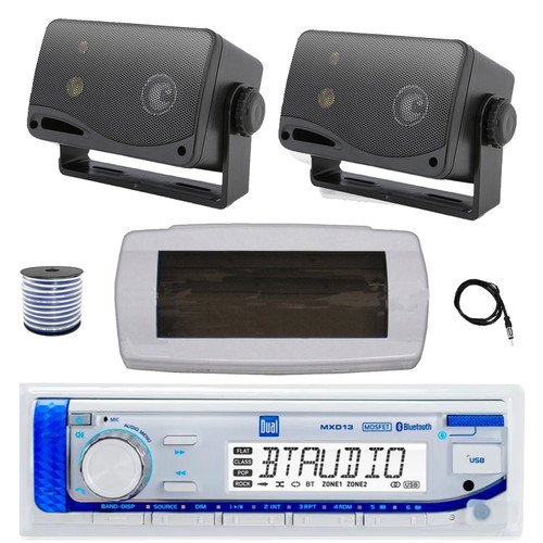 Dual MXD13 Single DIN Bluetooth Marine MP3 AM/FM Stereo Receiver with White Cover, 22" Radio Antenna, Wire, 2x 3.5'' 200 Watt Max 3-Way Indoor/Outdoor Wall Mount Speaker (Black)