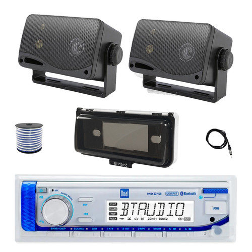 Dual MXD13 Single DIN Bluetooth Marine MP3 AM/FM Stereo Receiver with White Cover, 22" Radio Antenna, Wire, 2x 3.5'' 200 Watt Max 3-Way Indoor/Outdoor Wall Mount Speaker (Black)