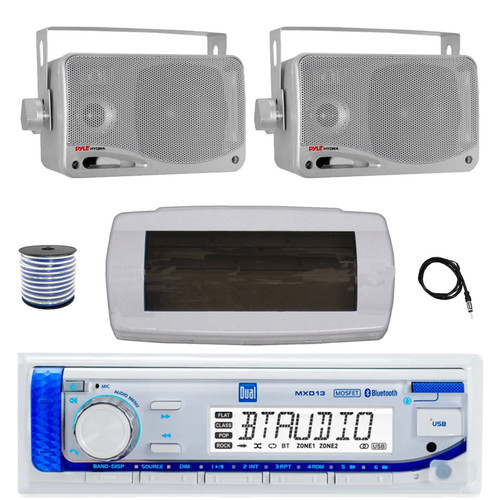 Dual MXD13 Single DIN Bluetooth Marine MP3 AM/FM Stereo Receiver with White Cover, 22" Radio Antenna, Wire, 2x 3.5'' 200 Watt Max 3-Way Indoor/Outdoor Wall Mount Speaker (Silver)
