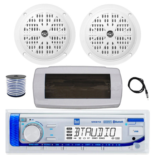 Dual MXD13 Single DIN Bluetooth Marine MP3 AM/FM Stereo Receiver with White Cover, 22" Radio Antenna, Wire, 2x 4'' 100 Watt Peak Full Range Dual Cone Waterproof Stereo Speakers (White)
