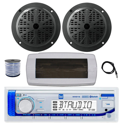 Dual MXD13 Single DIN Bluetooth Marine MP3 AM/FM Stereo Receiver with White Cover, 22" Radio Antenna, Wire, 2x 5.25" 100 Watt Peak Full Range Dual Cone Waterproof Stereo Speakers (Black)