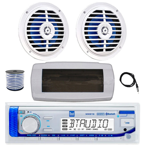 Dual MXD13 Single DIN Bluetooth Marine MP3 AM/FM Stereo Receiver with White Cover, 22" Radio Antenna, Wire, 2x 5.25'' 100 Watt Peak Full Range Dual Cone Waterproof Stereo Speakers (White)