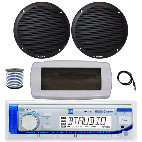 Dual MXD13 Single DIN Bluetooth Marine MP3 AM/FM Stereo Receiver with White Cover, 22" Radio Antenna, Wire, 2x 6.5'' 400W Peak 2-Way Full Range Dual Cone Waterproof Stereo Speakers (Black)