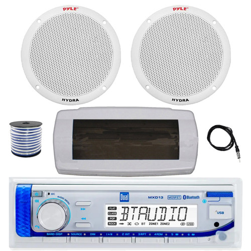 Dual MXD13 Single DIN Bluetooth Marine MP3 AM/FM Stereo Receiver with White Cover, 22" Radio Antenna, Wire, 2x 6.5'' 400W Peak 2-Way Full Range Dual Cone Waterproof Stereo Speakers (White)