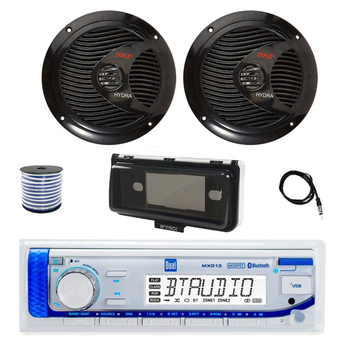 Dual MXD13 Single DIN Bluetooth Marine MP3 AM/FM Stereo Receiver with White Cover, 22" Radio Antenna, Wire, 2x 6.5" 150 Watt Max Full Range Dual Cone Waterproof Stereo Speakers (Black)