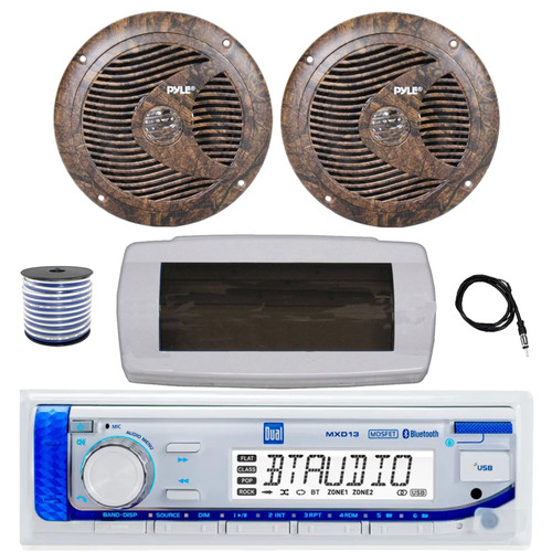 Dual MXD13 Single DIN Bluetooth Marine MP3 AM/FM Stereo Receiver with White Cover, 22" Radio Antenna, Wire, 2x 6.5" 150 Watt Max Full Range Dual Cone Waterproof Stereo Speakers (Camo)