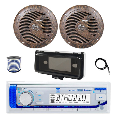 Dual MXD13 Single DIN Bluetooth Marine MP3 AM/FM Stereo Receiver with White Cover, 22" Radio Antenna, Wire, 2x 6.5" 150 Watt Max Full Range Dual Cone Waterproof Stereo Speakers (Camo)
