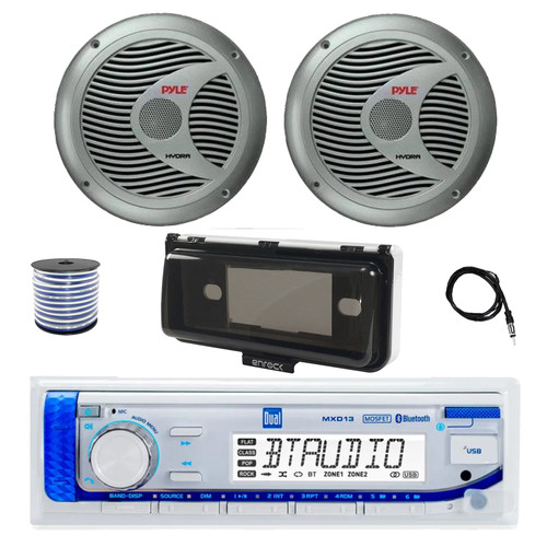 Dual MXD13 Single DIN Bluetooth Marine MP3 AM/FM Stereo Receiver with White Cover, 22" Radio Antenna, Wire, 2x 6.5" 150 Watt Max Full Range Dual Cone Waterproof Stereo Speakers (Silver)