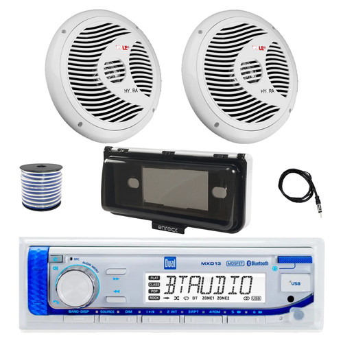 Dual MXD13 Single DIN Bluetooth Marine MP3 AM/FM Stereo Receiver with White Cover, 22" Radio Antenna, Wire, 2x 6.5" 150 Watt Max Full Range Dual Cone Waterproof Stereo Speakers (White)