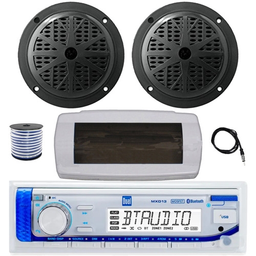Dual MXD13 Single DIN Bluetooth Marine MP3 AM/FM Stereo Receiver with White Cover, 22" Radio Antenna, Wire, 2x 6.5" 120 Watt Max Full Range Dual Cone Waterproof Stereo Speakers (Black)