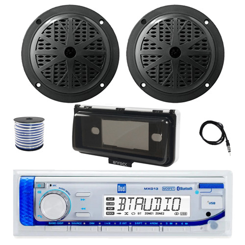 Dual MXD13 Single DIN Bluetooth Marine MP3 AM/FM Stereo Receiver with White Cover, 22" Radio Antenna, Wire, 2x 6.5" 120 Watt Max Full Range Dual Cone Waterproof Stereo Speakers (Black)