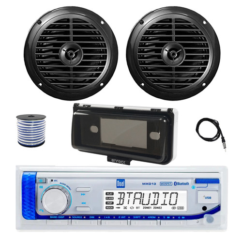 Dual MXD13 Single DIN Bluetooth Marine MP3 AM/FM Stereo Receiver with White Cover, 22" Radio Antenna, Wire, 2x 6.5" 120 Watt Peak Full Range Dual Cone Waterproof Stereo Speakers (Black)