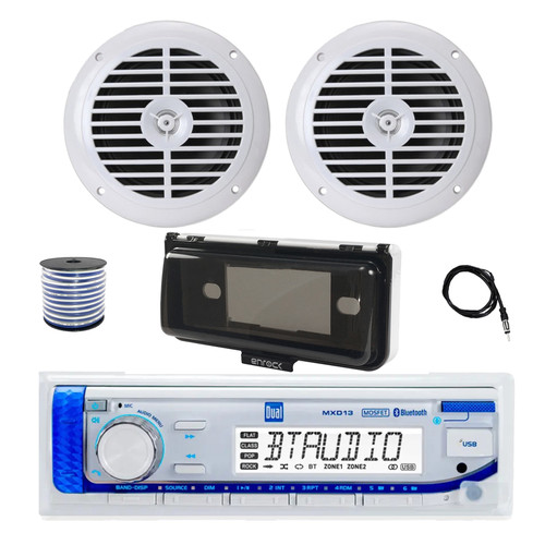 Dual MXD13 Single DIN Bluetooth Marine MP3 AM/FM Stereo Receiver with White Cover, 22" Radio Antenna, Wire, 2x 6.5" 120 Watt Peak Full Range Dual Cone Waterproof Stereo Speakers (White)