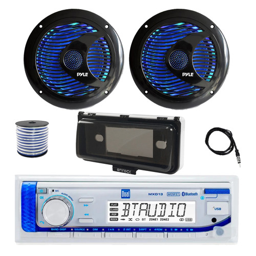 Dual MXD13 Single DIN Bluetooth Marine MP3 AM/FM Stereo Receiver with White Cover, 22" Radio Antenna, Wire, 2x 6.5'' 150 Watt Max Dual Cone Multicolor LED Audio Speakers (Black) w/Remote