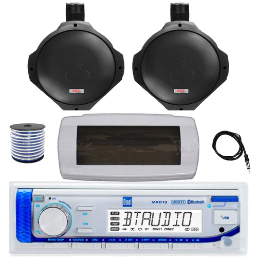 Dual MXD13 Single DIN Bluetooth Marine MP3 AM/FM Stereo Receiver with White Cover, 22" Radio Antenna, Wire, 2x 6.5" 200 Watt Peak Water Resistant Full Range Wakeboard Audio Speakers (Black)