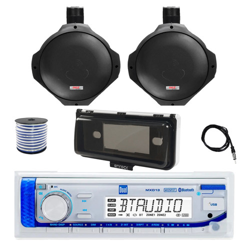 Dual MXD13 Single DIN Bluetooth Marine MP3 AM/FM Stereo Receiver with White Cover, 22" Radio Antenna, Wire, 2x 6.5" 200 Watt Peak Water Resistant Full Range Wakeboard Audio Speakers (Black)