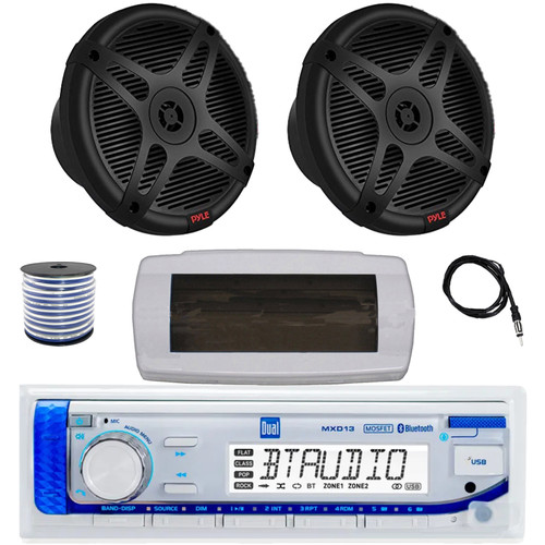Dual MXD13 Single DIN Bluetooth Marine MP3 AM/FM Stereo Receiver with White Cover, 22" Radio Antenna, Wire, 2x 6.5" 600 Watt Max 2-Way Full Range Waterproof Wireless RF Streaming Speakers (Black)