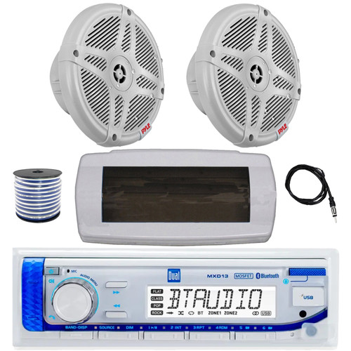 Dual MXD13 Single DIN Bluetooth Marine MP3 AM/FM Stereo Receiver with White Cover, 22" Radio Antenna, Wire, 2x 6.5" 600 Watt Max 2-Way Full Range Waterproof Wireless RF Streaming Speakers (White)