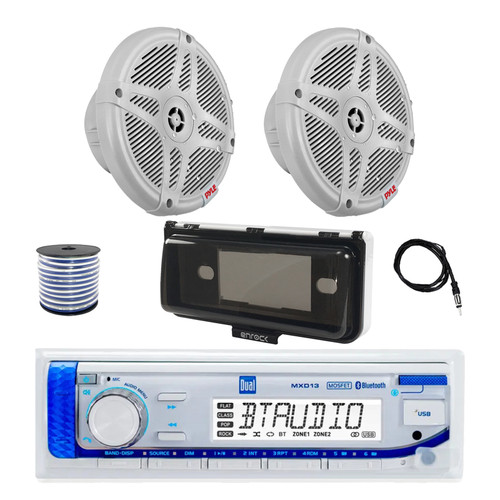 Dual MXD13 Single DIN Bluetooth Marine MP3 AM/FM Stereo Receiver with White Cover, 22" Radio Antenna, Wire, 2x 6.5" 600 Watt Max 2-Way Full Range Waterproof Wireless RF Streaming Speakers (White)