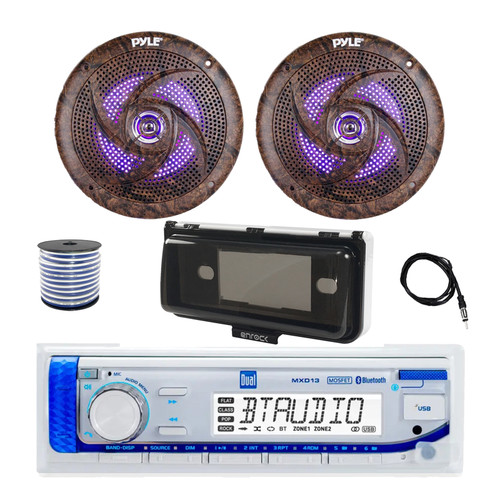 Dual MXD13 Single DIN Bluetooth Marine MP3 AM/FM Stereo Receiver with White Cover, 22" Radio Antenna, Wire, 2x 6.5'' 240 Watt Peak  Slim Waterproof Multicolor LED Stereo Speakers (Camo)