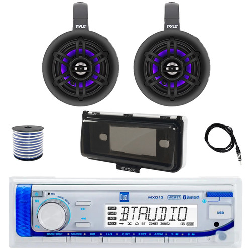 Dual MXD13 Single DIN Bluetooth Marine MP3 AM/FM Stereo Receiver with White Cover, 22" Radio Antenna, Wire, 2x 4" 300W Max Bluetooth Waterproof Wakeboard LED Tower Speakers (Black)
