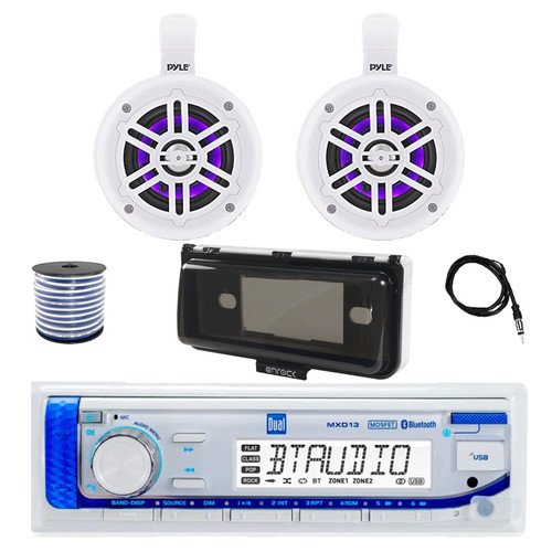 Dual MXD13 Single DIN Bluetooth Marine MP3 AM/FM Stereo Receiver with White Cover, 22" Radio Antenna, Wire, 2x 4" 300W Max Bluetooth Waterproof Wakeboard LED Tower Speakers (White)