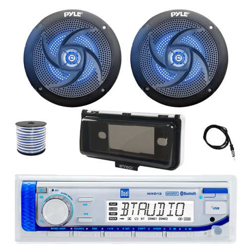 Dual MXD13 Single DIN Bluetooth Marine MP3 AM/FM Stereo Receiver with White Cover, 22" Radio Antenna, Wire, 2x 4" 100 Watt Peak 2-Way  Blue Flashing LED Boat Audio Speakers (Black)