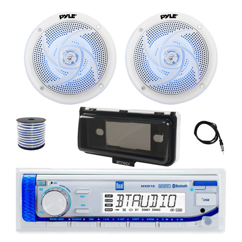 Dual MXD13 Single DIN Bluetooth Marine MP3 AM/FM Stereo Receiver with White Cover, 22" Radio Antenna, Wire, 2x 5.25" 180 Watt Max 2-Way  Blue Flashing LED Boat Audio Speakers (White)