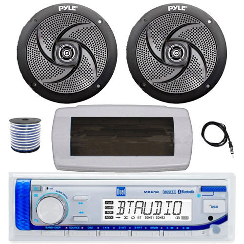 Dual MXD13 Single DIN Bluetooth Marine MP3 AM/FM Stereo Receiver with White Cover, 22" Radio Antenna, Wire, 2x 5.25" 180 Watt Max 2-Way Waterproof  Boat Audio Speakers (Black)