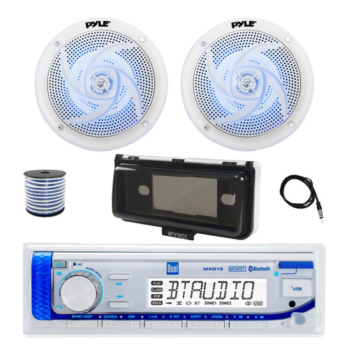 Dual MXD13 Single DIN Bluetooth Marine MP3 AM/FM Stereo Receiver with White Cover, 22" Radio Antenna, Wire, 2x 6'' 240 Watt Max Power  2-Way Blue Flashing LED Audio Speakers (White)