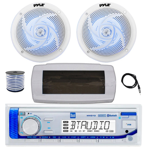 Dual MXD13 Single DIN Bluetooth Marine MP3 AM/FM Stereo Receiver with White Cover, 22" Radio Antenna, Wire, 2x 6'' 240 Watt Peak Power  2-Way Blue Flashing LED Audio Speakers (White)