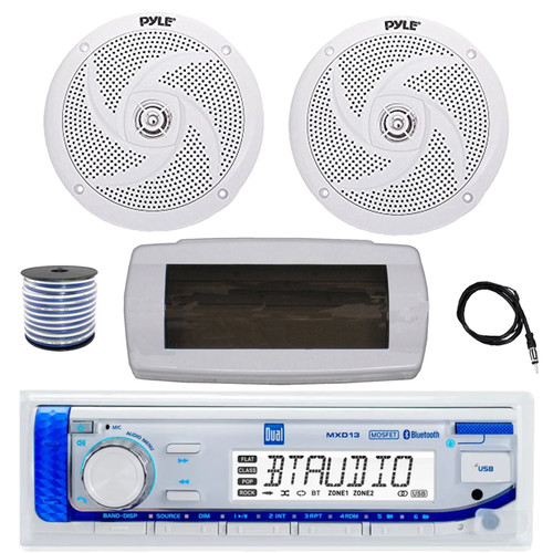 Dual MXD13 Single DIN Bluetooth Marine MP3 AM/FM Stereo Receiver with White Cover, 22" Radio Antenna, Wire, 2x 6'' 240 Watt Max  2-Way Boat Audio Speakers (White)