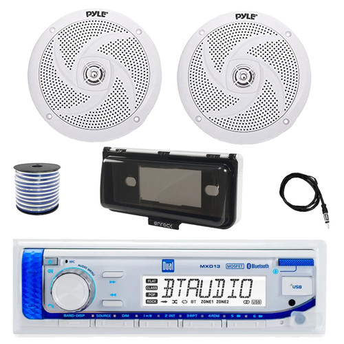 Dual MXD13 Single DIN Bluetooth Marine MP3 AM/FM Stereo Receiver with White Cover, 22" Radio Antenna, Wire, 2x 6'' 240 Watt Max  2-Way Boat Audio Speakers (White)