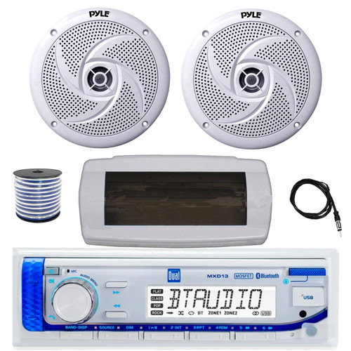 Dual MXD13 Single DIN Bluetooth Marine MP3 AM/FM Stereo Receiver with White Cover, 22" Radio Antenna, Wire, 2x 8'' 320 Watt Max  2-Way Boat Audio Speakers (White)