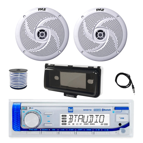 Dual MXD13 Single DIN Bluetooth Marine MP3 AM/FM Stereo Receiver with White Cover, 22" Radio Antenna, Wire, 2x 8'' 320 Watt Max  2-Way Boat Audio Speakers (White)