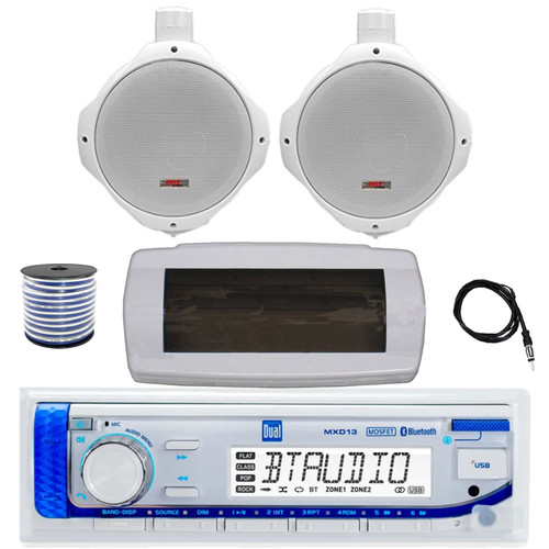 Dual MXD13 Single DIN Bluetooth Marine MP3 AM/FM Stereo Receiver with White Cover, 22" Radio Antenna, Wire, 2x 6.5" 200 Watt Peak Water Resistant Full Range Wakeboard Audio Speakers (White)