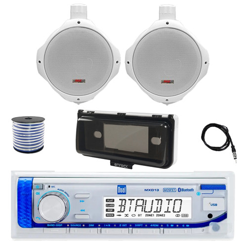Dual MXD13 Single DIN Bluetooth Marine MP3 AM/FM Stereo Receiver with White Cover, 22" Radio Antenna, Wire, 2x 6.5" 200 Watt Peak Water Resistant Full Range Wakeboard Audio Speakers (White)