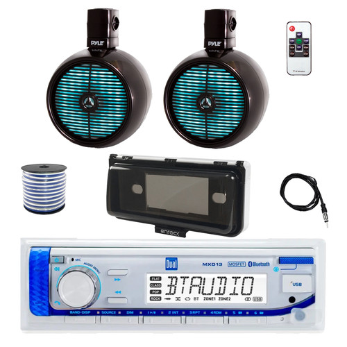 Dual MXD13 Single DIN Bluetooth Marine MP3 AM/FM Stereo Receiver with White Cover, 22" Radio Antenna, Wire, 2x 8" 480 Watt Peak 2-Way Full Range Wakeboard Tower Speakers (Black)